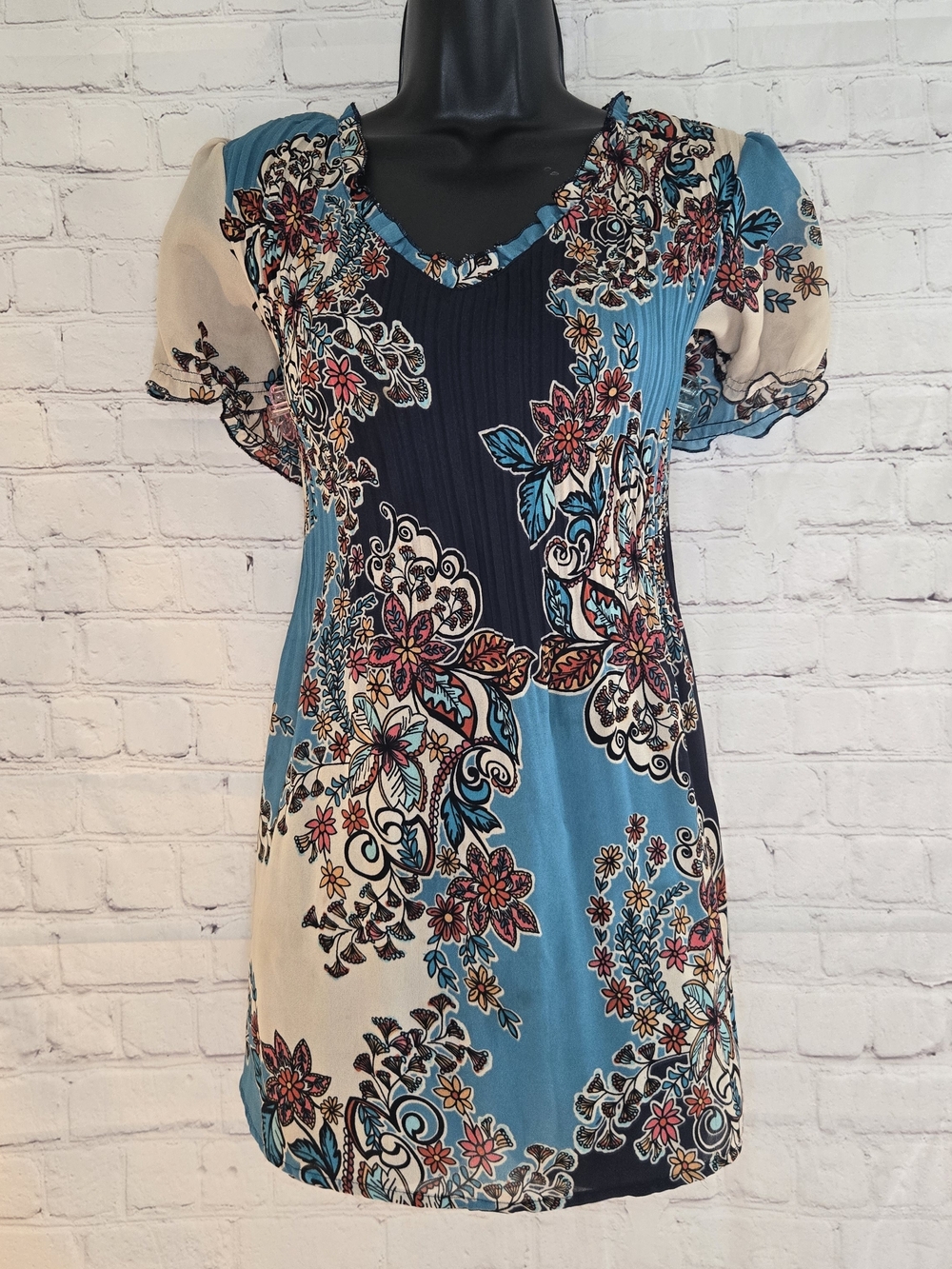 Y2k Sunny Leigh blue floral print crinkle top babydoll sheer blouse with ruffled